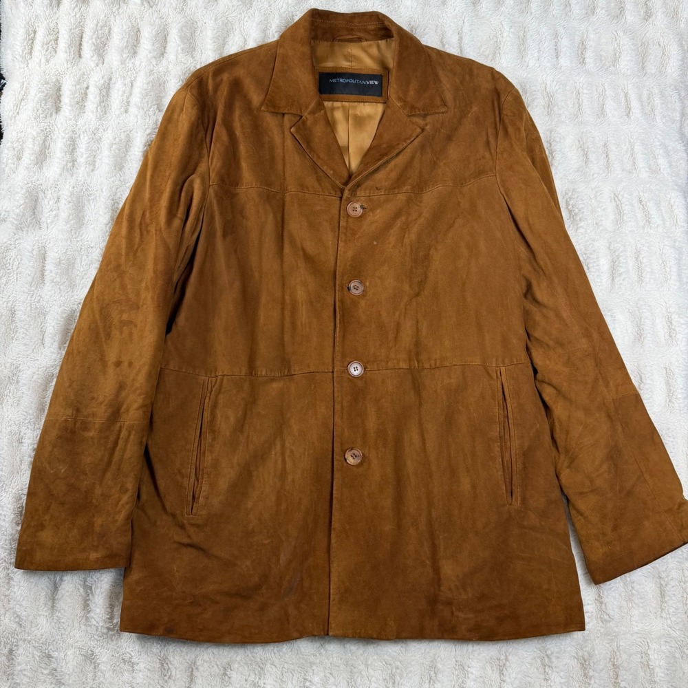 Metropolitan View Mens Large Brown Suede Leather Jacket Made in Italy Cognac L